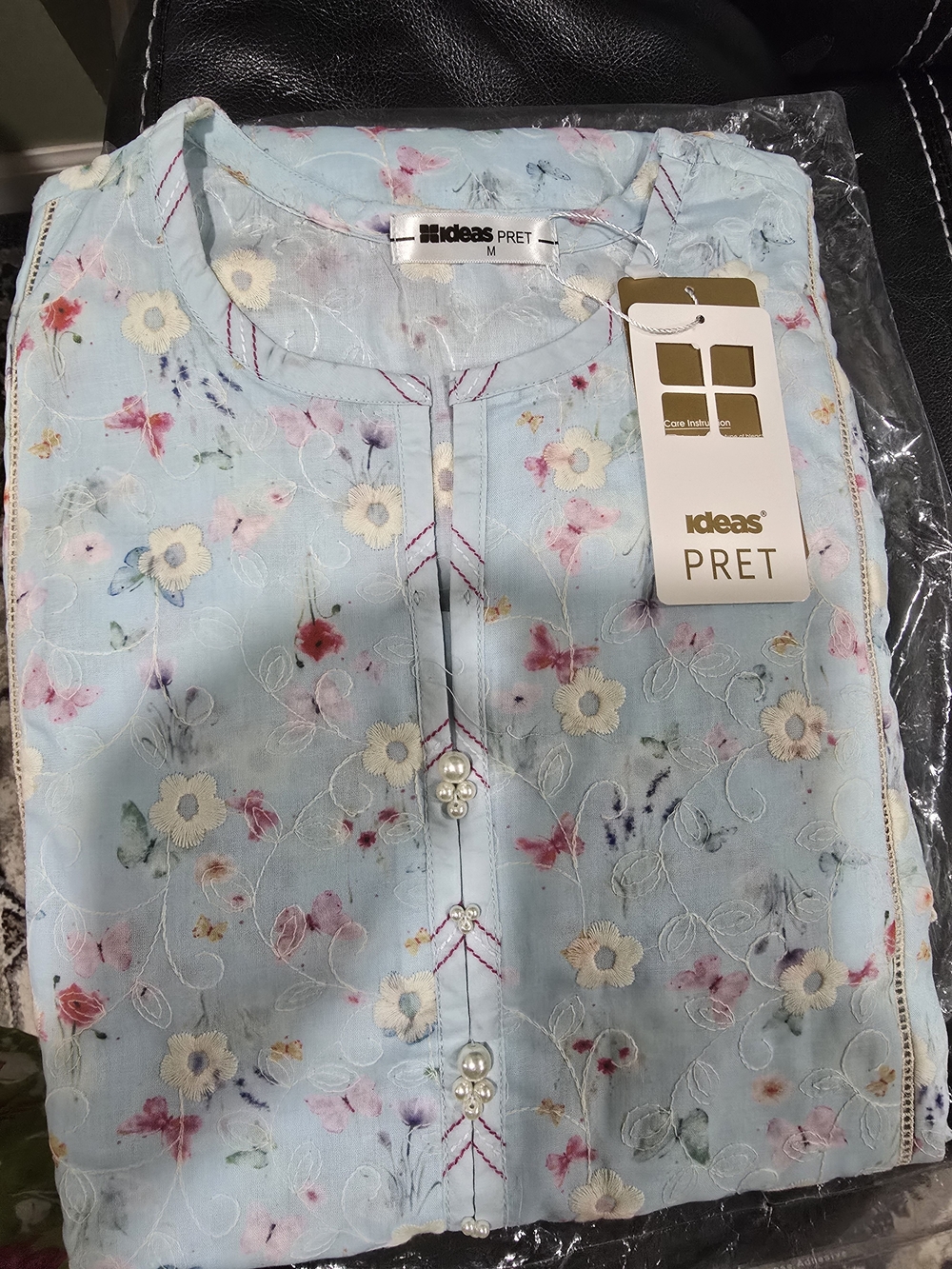 Ideas Pret Women's Light Blue Floral Jeans Top With Pants.(pakistani Dress)